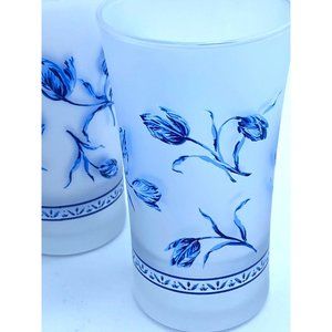 Vintage Juice Glasses Blue Floral Frosted Libbey 4.5 Tall Rose Flower set of 4